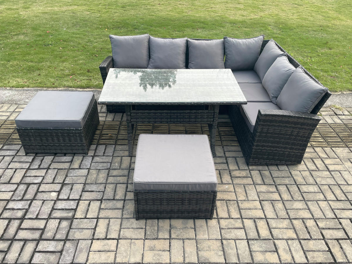 LOUNGEGARNITUR mit Esstisch Sofa Polyrattan Dunkelgrau 8-Sitzer - Dunkelgrau/Grau, Glas/Kunststoff - Fimous