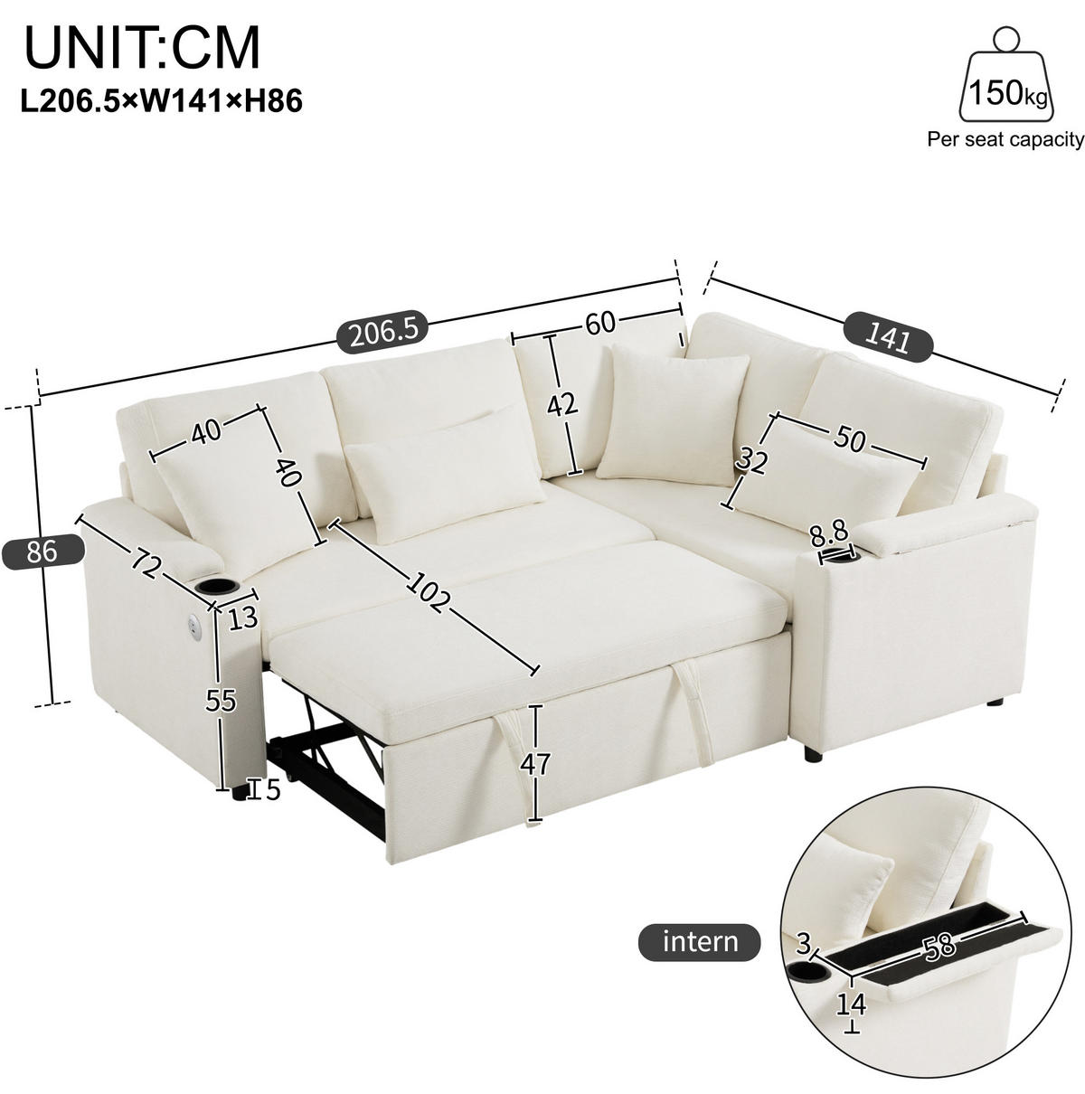 ECKSOFA 206,5/141/86 cm Beige aus Chenille mit Schlaffunktion - Beige, Textil (141/206.5cm) - OKWISH