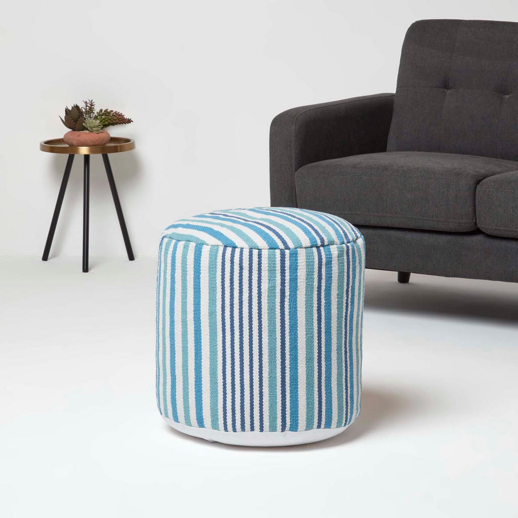 Thumbnail - Homescapes Sitzpouf, Blau, Textil, Gestreift, Rund, 45x40x45 cm, Wohnzimmer, Hocker, Poufs