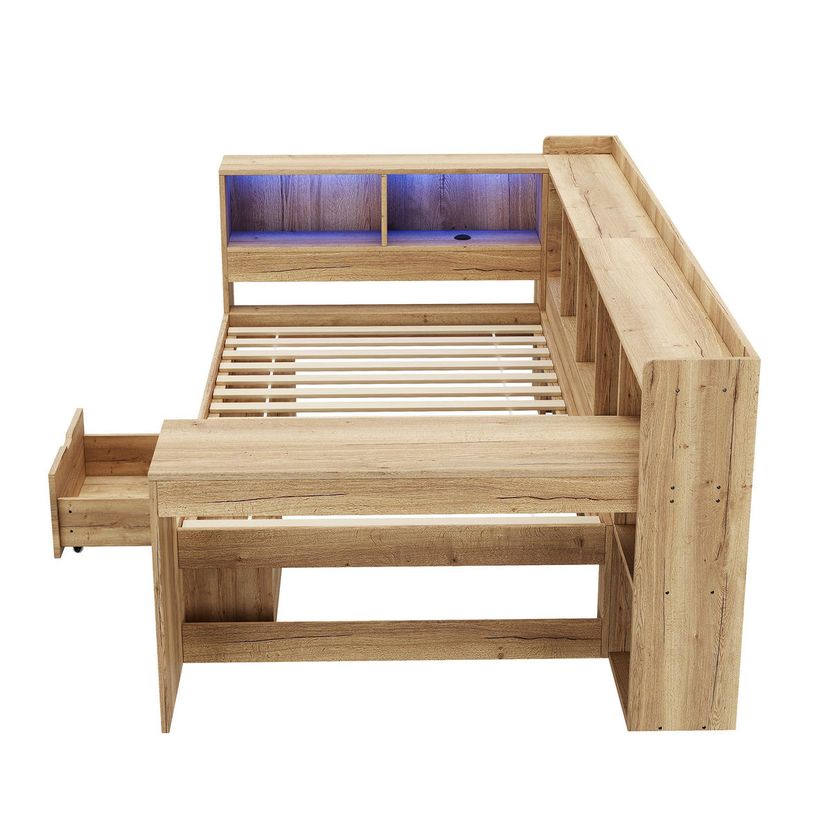 KINDEREINZELBETTEN aus MDF in Natur mit LED-Beleuchtung, USB/Type-C & Schreibtisch - Naturfarben, Holzwerkstoff (90/200cm) - Modfu
