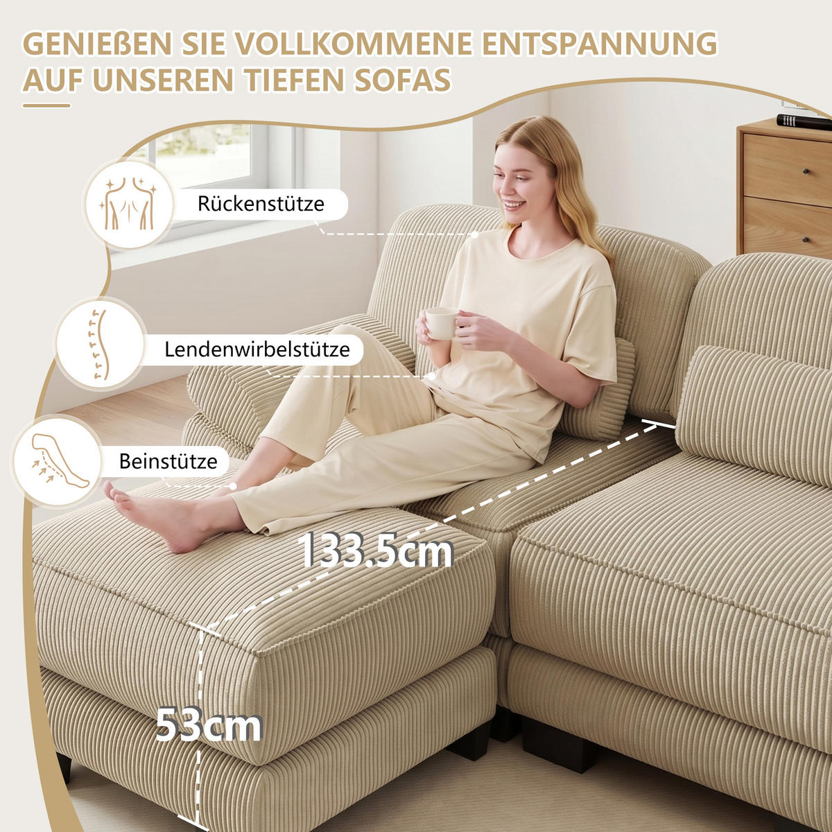ECKSOFA L-Form 3-Sitzer mit Hocker, DE-42659, Beige - Beige, Holz (265/161cm) - ComfortXL