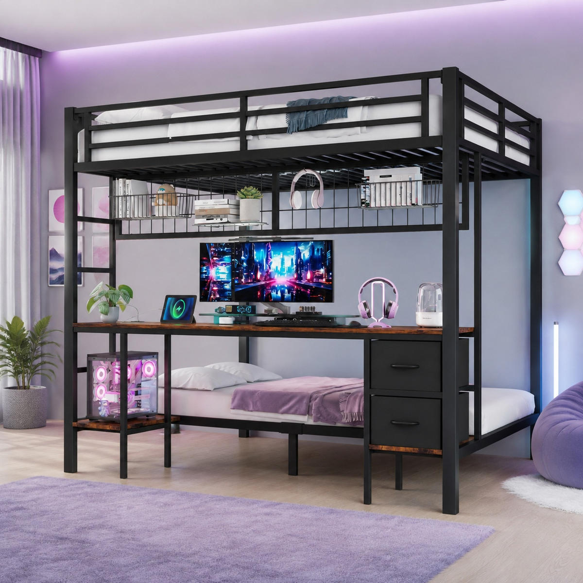 HOCHBETT 90/200+140/200 mit LED, Schreibtisch und Schubladen in Schwarz - Schwarz, Holz/Holzwerkstoff (90/200cm) - EVRYAE