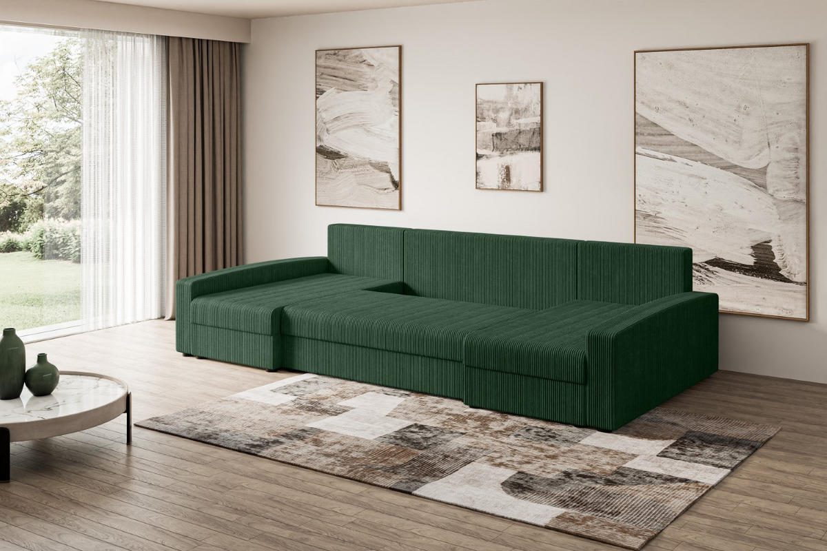 WOHNLANDSCHAFT mit Schlaffunktion und Bettkasten ALESIA-U 301x140x90 cm Grün Cord - Silberfarben/Grün, Holzwerkstoff/Kunststoff (301/90/140cm) - ALTDECOR