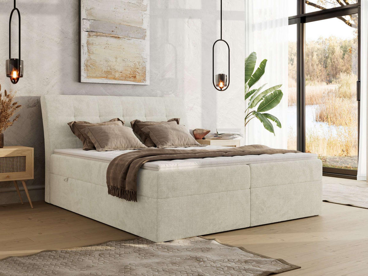 BOXBETT DAGOS 160/200 - Creme Schenille grob gewebt - H3 - Topper T25 - Creme, Textil (160/200cm) - MKS