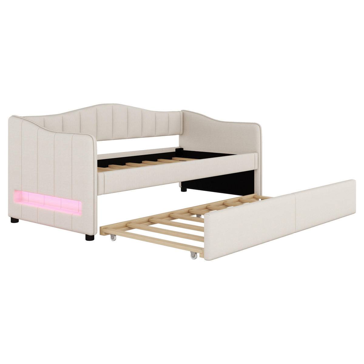 POLSTERBETT 90/200 cm Beige mit Ausziehbett und LED-Beleuchtung aus Leinen und MDF - Beige, Textil (90/200cm) - OKWISH