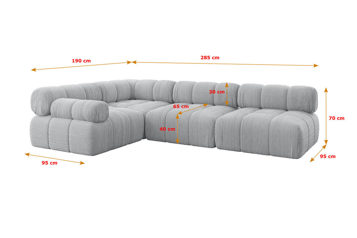 ECKSOFA modulares Sofa Mende-L2 - 285x190x70 cm Grau Cord - Grau, Holzwerkstoff/Textil (285/190cm) - ALTDECOR
