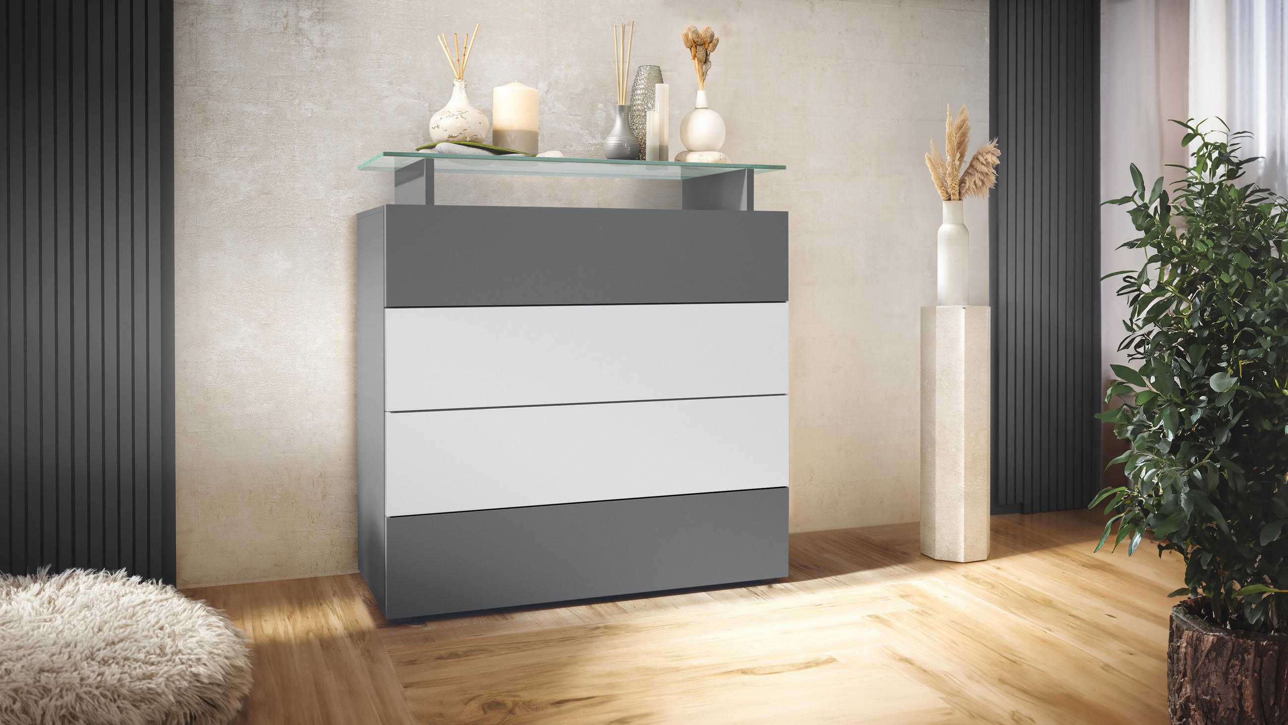 KOMMODE Pavos Anthrazit matt / Weiß matt - Anthrazit/Weiß, Holzwerkstoff (76/80/33cm) - Vladon