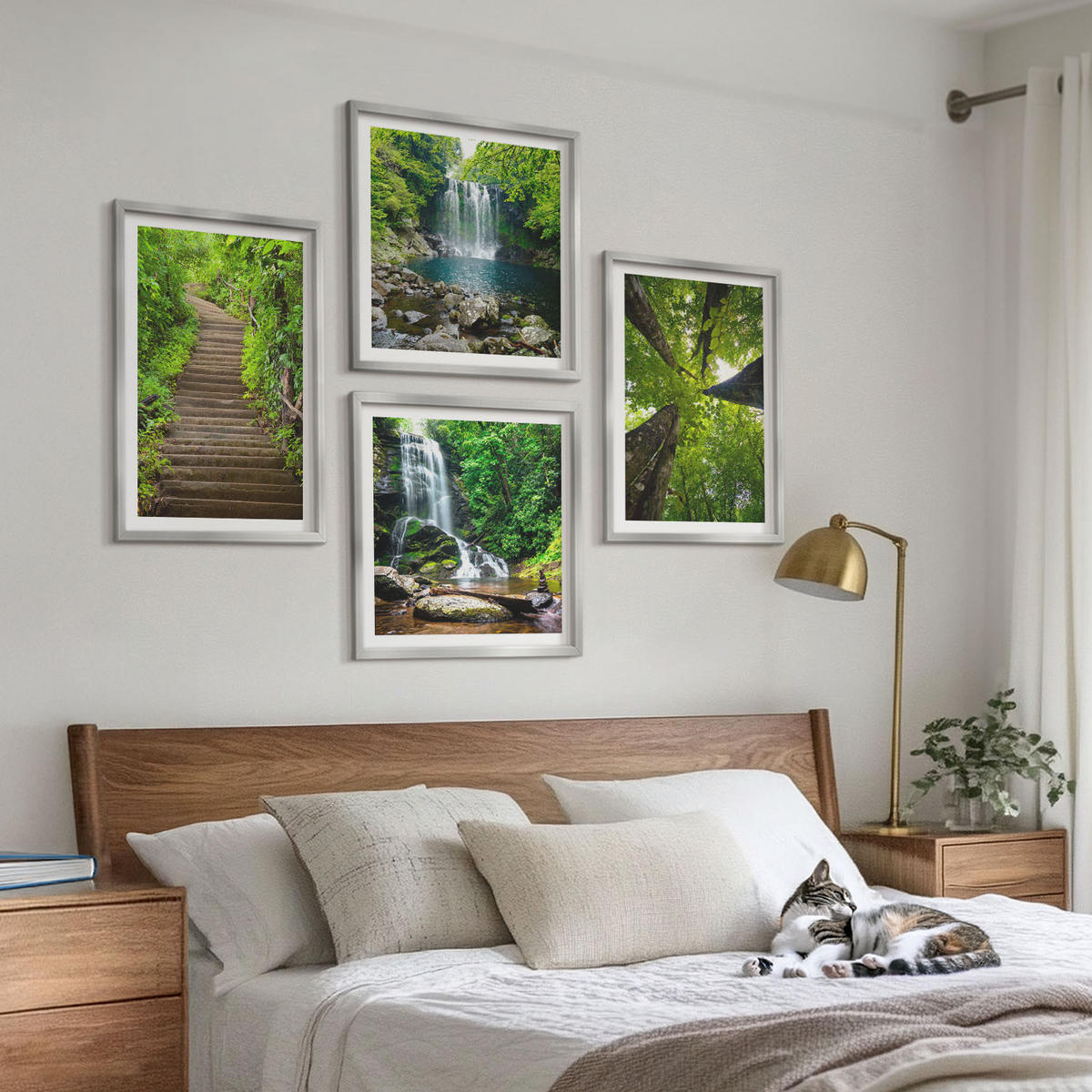 BILDER SET 4er Set - 50x50 cm & 40x60 cm Silberner Rahmen - Pfad Wald Wasserfall Vegetation - Silberfarben, Kunststoff (50/50cm) - TULUP
