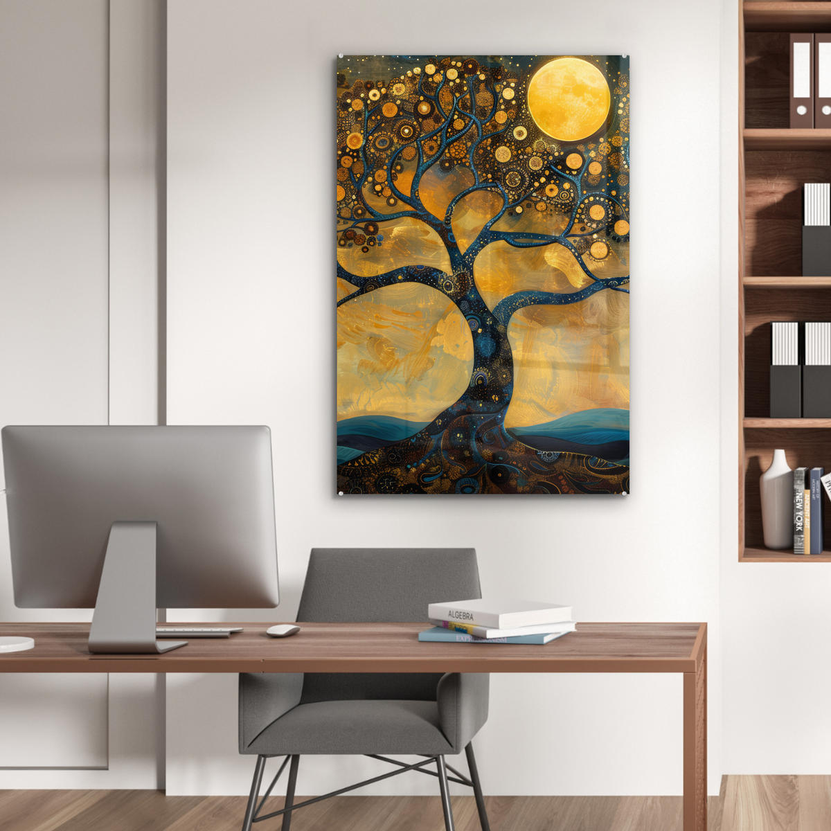 ACRYLGLASBILD Baum - Mond - Blumen - Gold - Kunst 60x90 cm - Orange, Glas (60/90cm) - MuchoWow