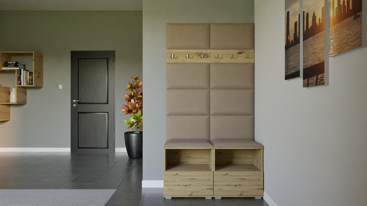 GARDEROBEN-SET Nela III mit gepolsterten Paneelen 100/187/40 - Beige/Silberfarben, Holzwerkstoff/Kunststoff (100/187/40cm)