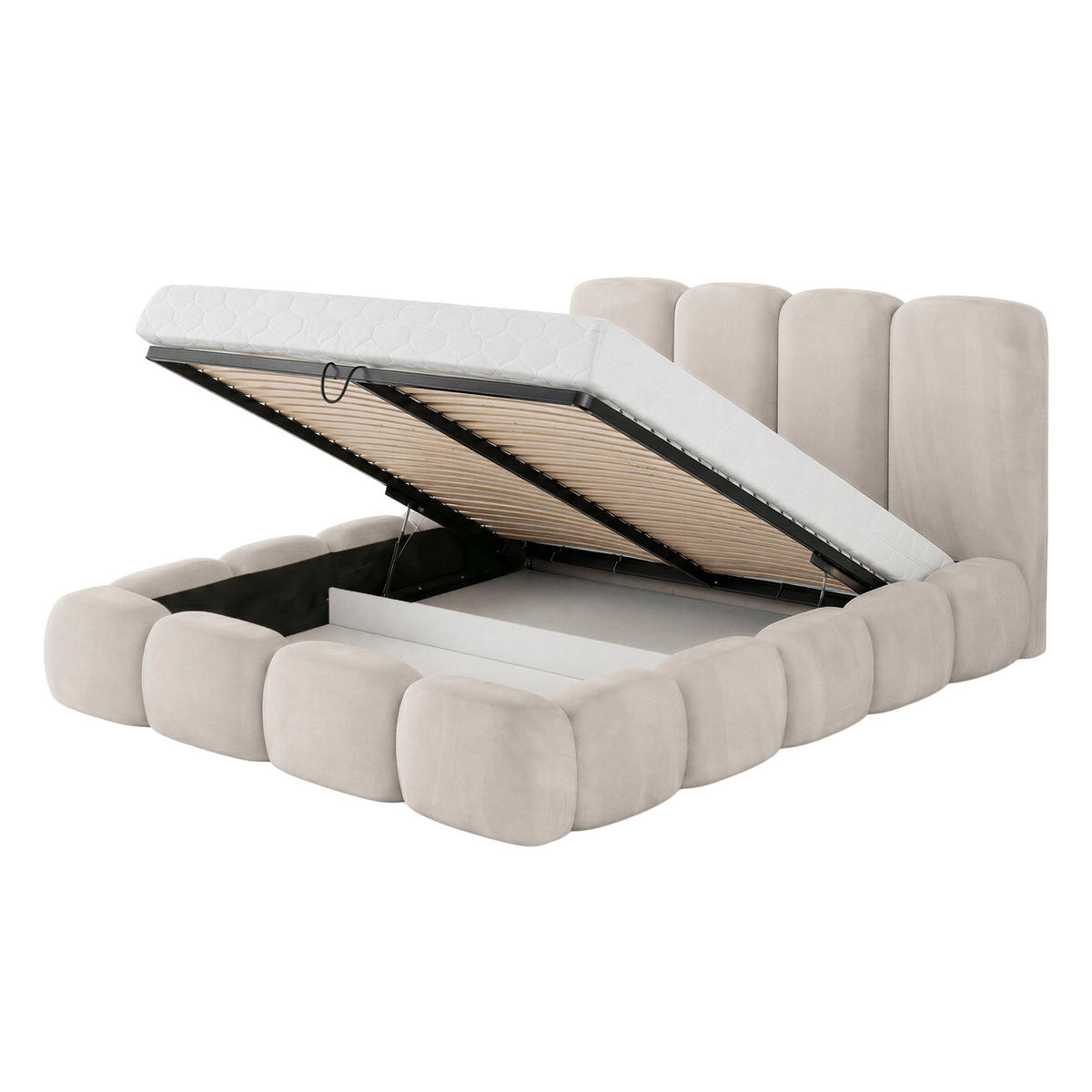 POLSTERBETT SUENO MAXI 200x200 cm in Hellgrau, gepolstertes Kopfteil, Metalllattenrost, Bettkasten, Velour-Stoff - Hellgrau/Naturfarben, Holz/Textil (200/200cm) - Muffo