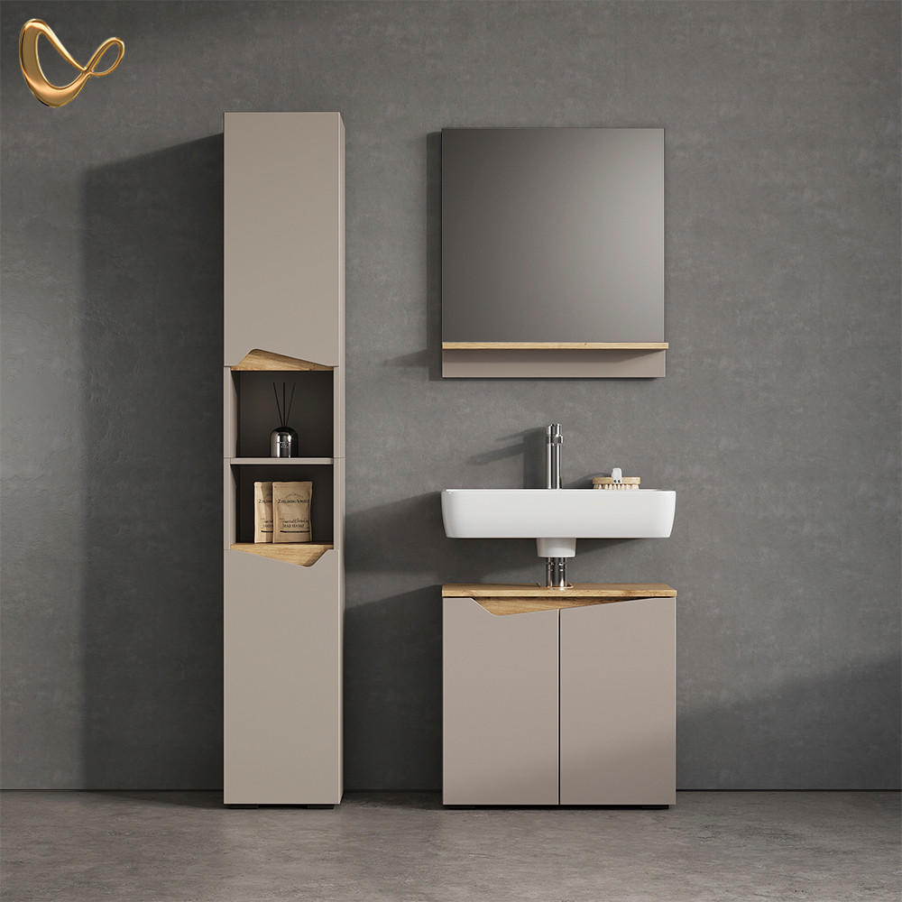 BADSCHRANK Timavo Greige 30 x 180 cm mit Türen, und offenen Fächern - Greige/Grau, Holzwerkstoff (30/180/35cm) - Livinity®