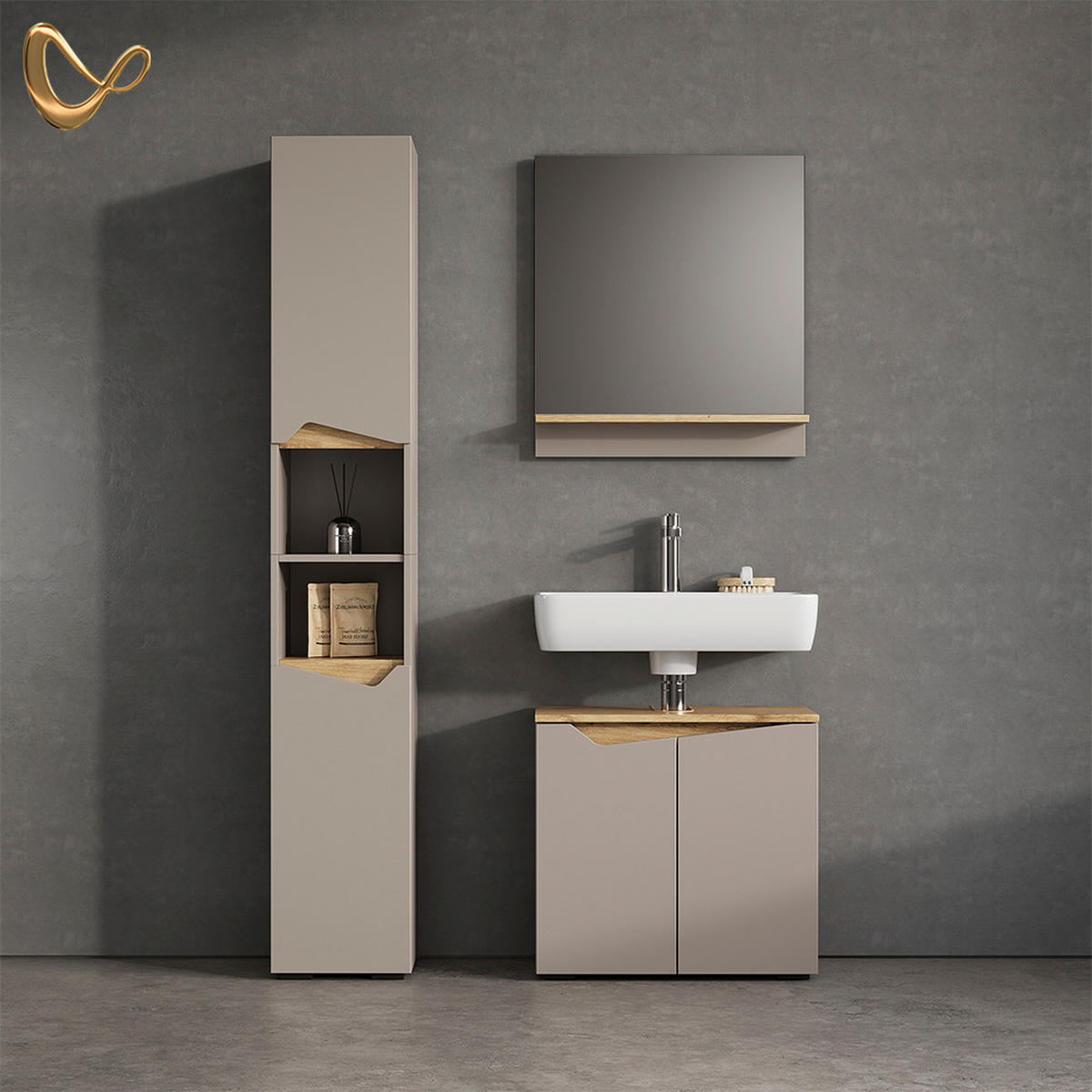 BADSCHRANK Timavo Greige 30 x 180 cm mit Türen, und offenen Fächern - Greige/Grau, Holzwerkstoff (30/180/35cm) - Livinity®