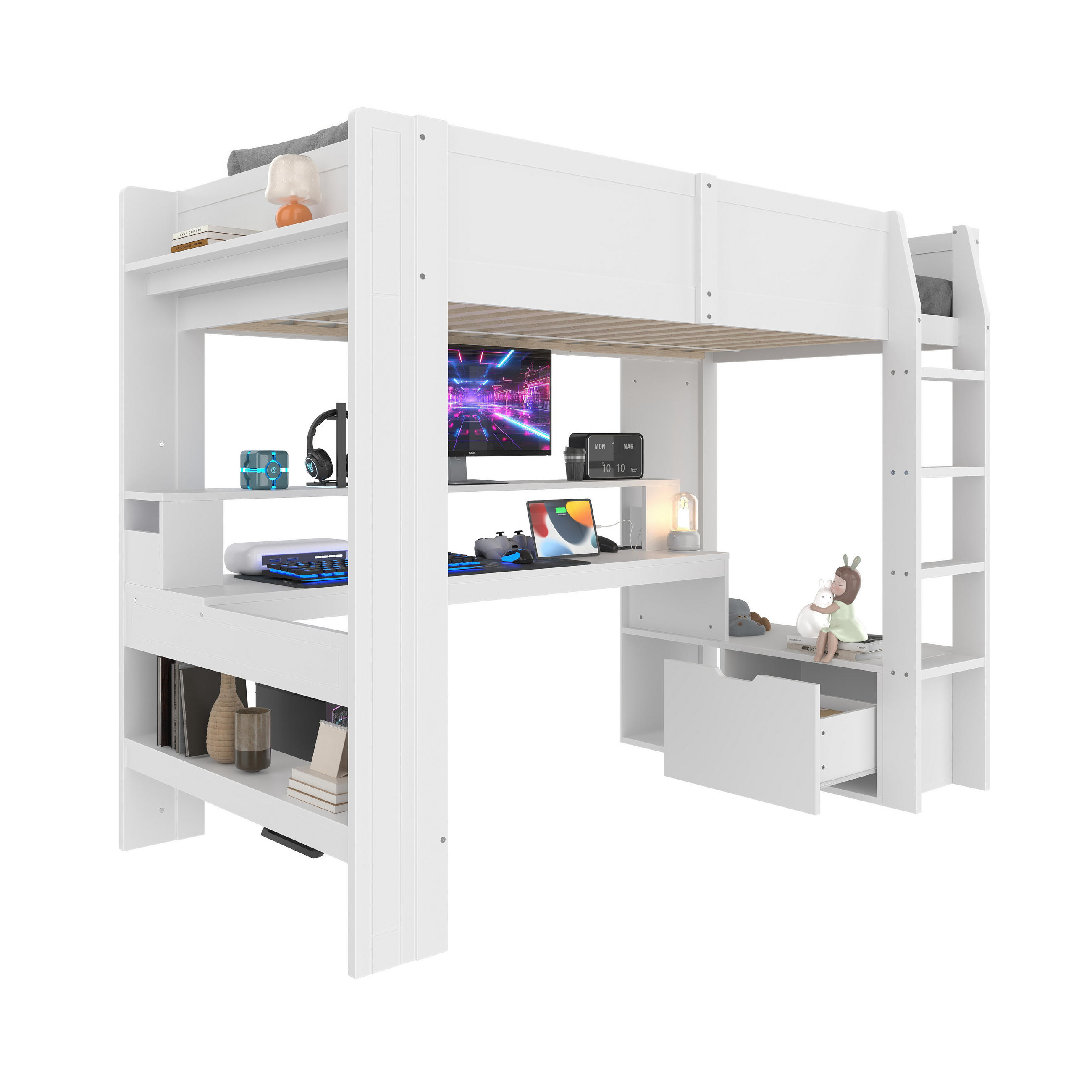 HOCHBETT 90x200cm Weiß Gaming Schreibtisch LED-Licht Schublade Regale - Weiß, Holz (90/200cm) - FLIEKS