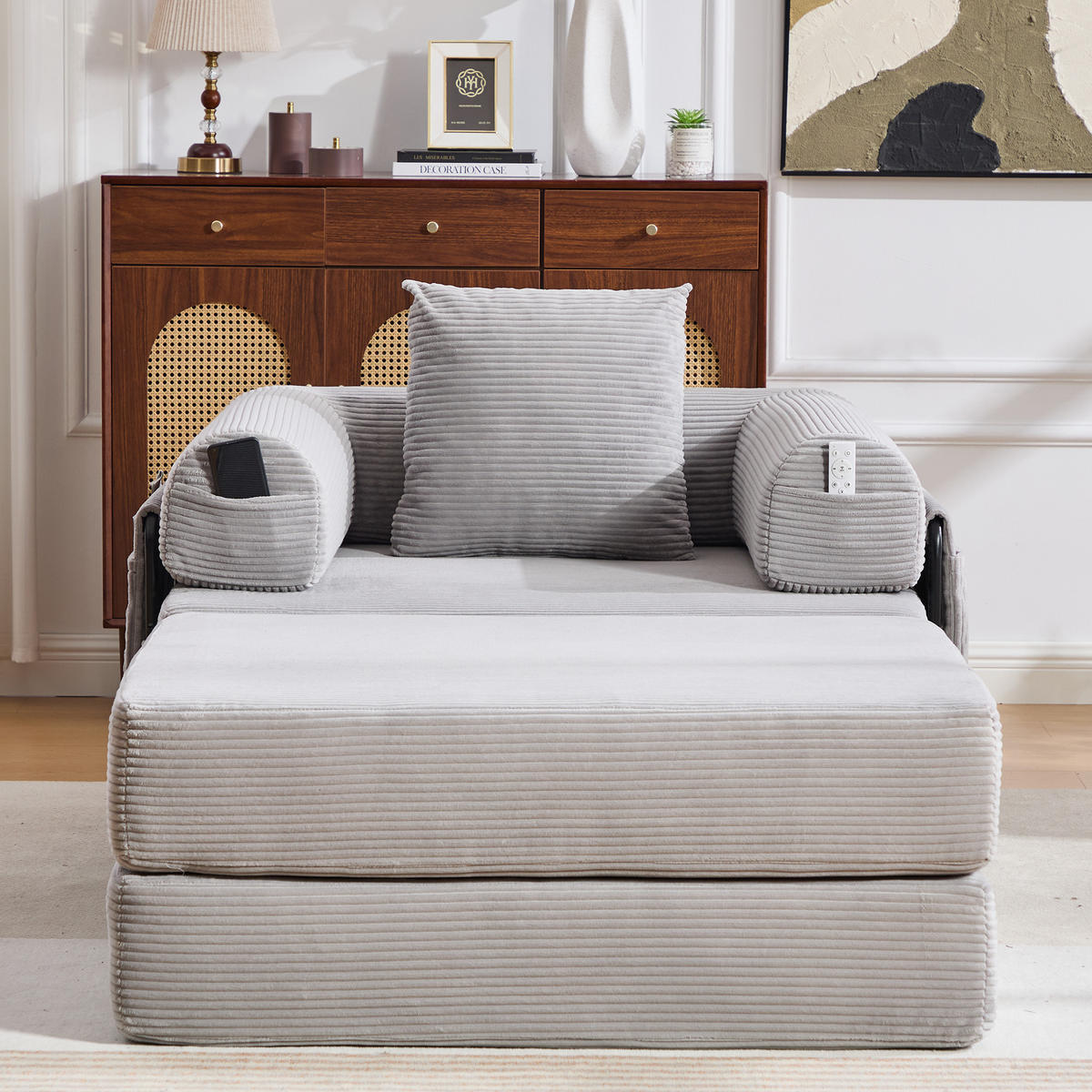 SESSEL mit Hocker aus Cord 112x190x67 cm Hellgrau flexibel kombinierbar, ergonomisch und montagefrei - Hellgrau, Textil (112/67/190cm) - Modfu