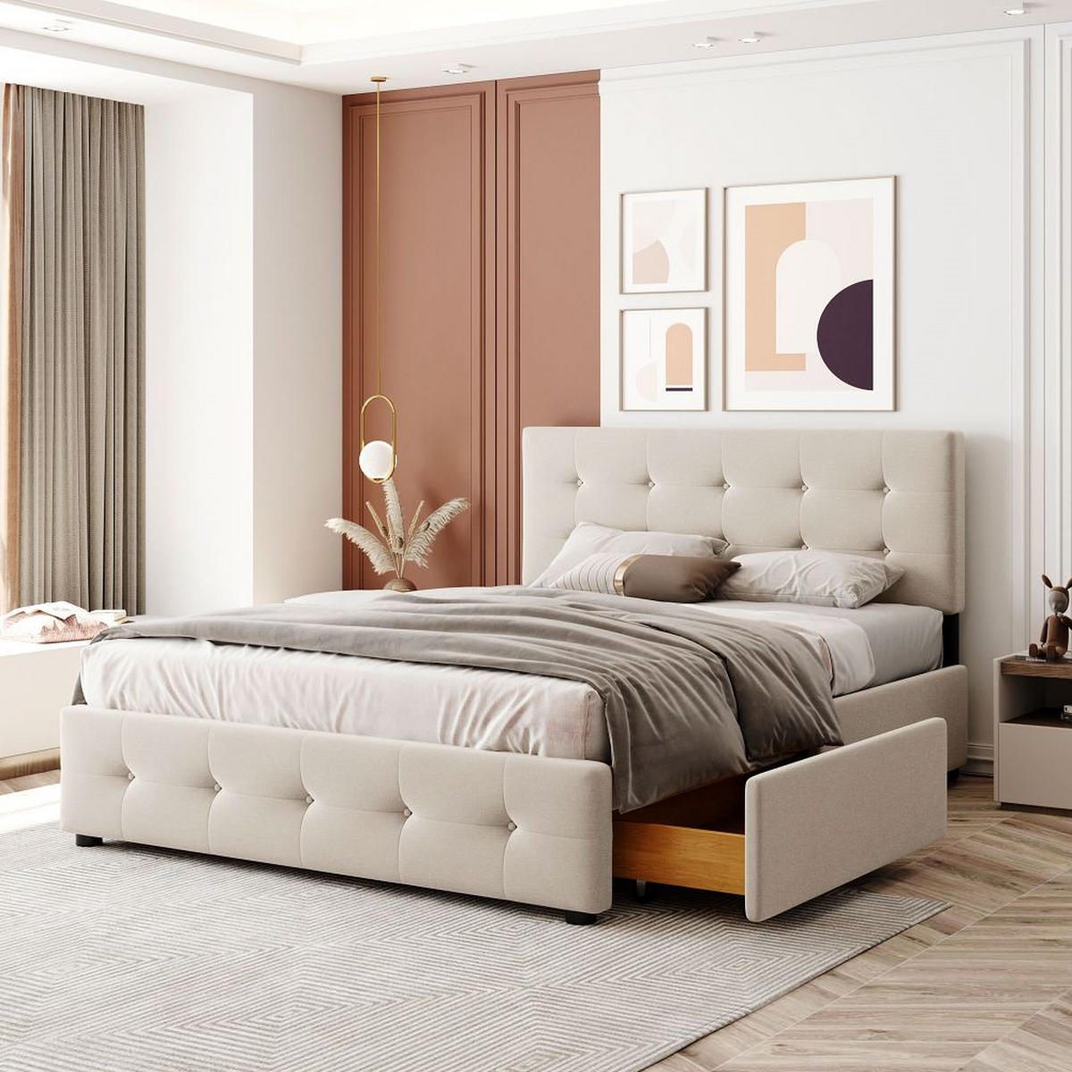 POLSTERBETT 140/200 cm in Samtstoff mit Schubladen - Beige, Holz/Textil (140/200cm) - KOMHTOM