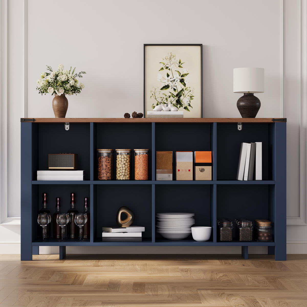 SIDEBOARD DE-38761 140/34/75 cm 8 Staufächer Blau/Holzoptik - Blau, Holzwerkstoff (140/75/34cm) - ComfortXL