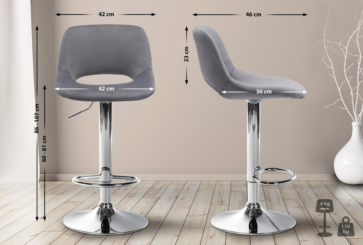 BARHOCKER 2er Set Samt dunkelgrau - Chromfarben/Dunkelgrau, Textil/Metall (42/86/46cm) - CLP