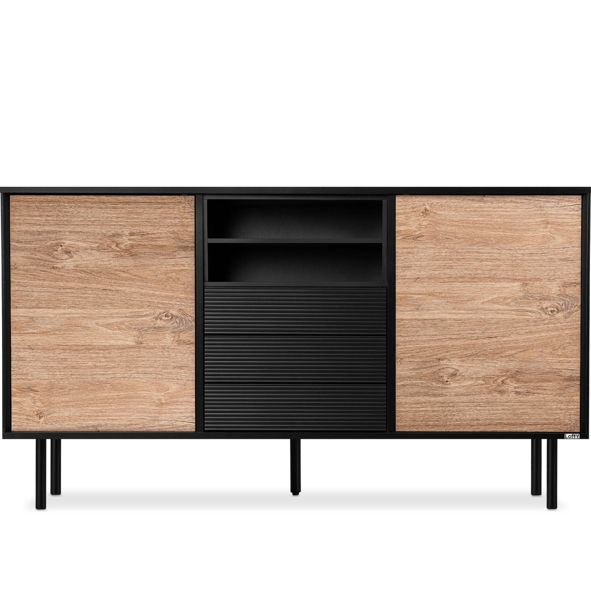 KOMMODE LOFTY TV/HiFi-Einlage, schwarz / Eiche natur - Eichefarben/Schwarz, Holzwerkstoff (151/84/41cm) - KONSIMO®