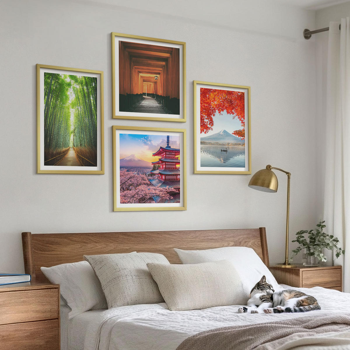 BILDER SET 4er Set - 50x50 cm & 40x60 cm Goldrahmen - Fuji-Torii-Bambuswald, Japan - Goldfarben, Kunststoff (50/50cm) - TULUP