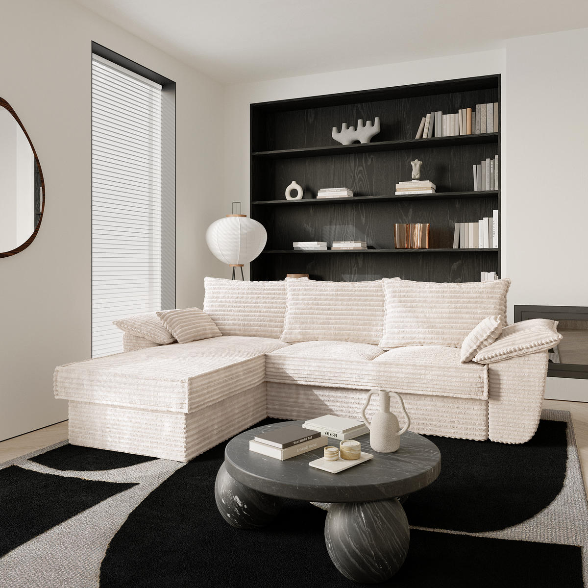 ECKSOFA LINKS Gerippter Samt XXL Creme 257cm - Creme, Textil (168/257cm) - Sia Home