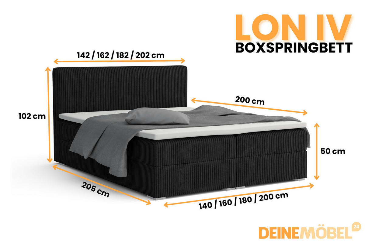 BOXBETT LON IV 140/200 in Cord Schwarz H3 - Schwarz, Holz/Holzwerkstoff (140/200cm) - Deine Möbel 24