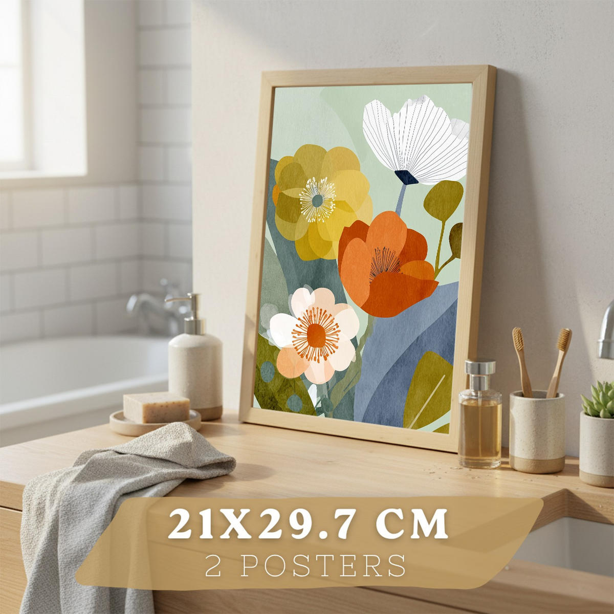 PLAKÁT Sada 2 Floral Světlý dřevěný rám A4 - béžová, papír (29.7/21/3cm) - Nacnic
