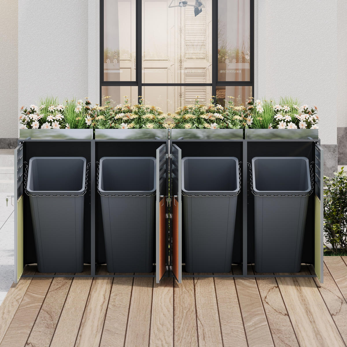 MÜLLTONNENBOX 4 Türen abschließbar Pflanzdach Lüftung - Multicolor, Metall (160/236/264cm) - FLIEKS