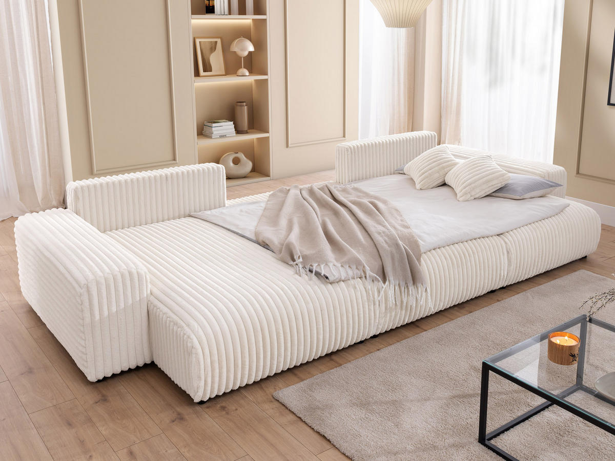 WOHNLANDSCHAFT Mollis Hellbeige Plüschcord mit Schlaffunktion - Beige/Schwarz, Holz/Kunststoff (350/77/168cm) - S-Style Möbel