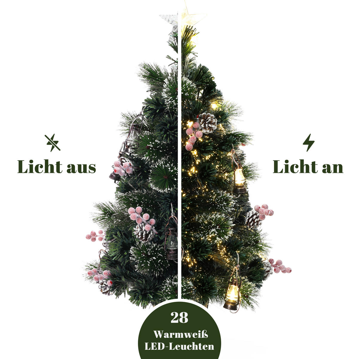 GLASFASER Weihnachtsbaum 95 cm mit LED & Mini-Laternen - Grün, Kunststoff (95cm) - Hometopia