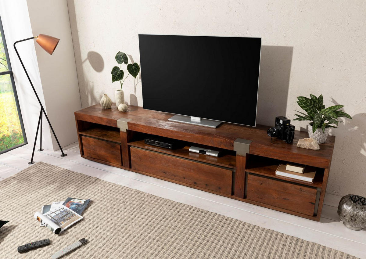 TV-BOARD Mango 250x48x55 braun lackiert Amsterdam #27 - Braun, Holz (250/55/48cm) - Massivmoebel24