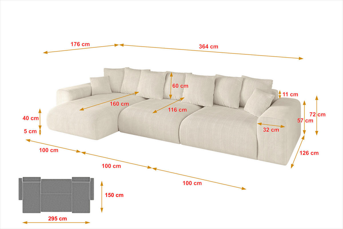ECKSOFA Ottomane links ESKAR-L2 364x176x72 Taupe Cord - Taupe/Schwarz, Holzwerkstoff/Kunststoff (364/176cm) - ALTDECOR