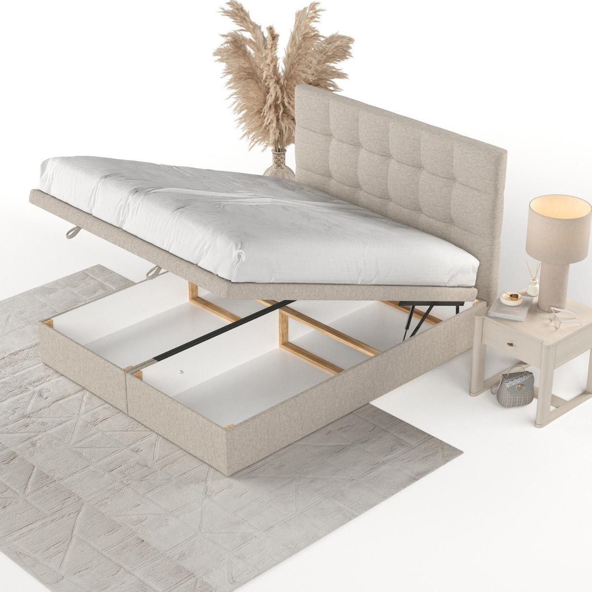 POLSTERBETT Guam mit Stauraum 120/200 cm Hellbeige im Megan Stoff - Beige/Schwarz, Holz/Holzwerkstoff (120/200cm) - AltaBeds