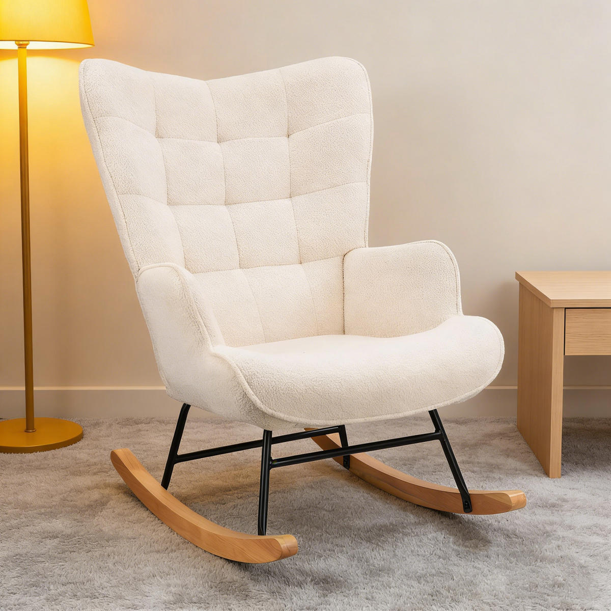 SCHAUKELSTUHL mit Metallgestell und Holzsockel, Teddystoff, Beige - Beige, Holzwerkstoff (68/92/75cm) - BursDany
