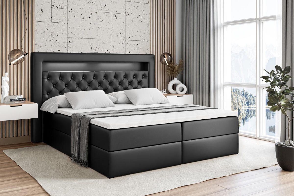 BOXBETT LED mit H4-Matratze und Lattenrost - NOEL GOLD - 140x200 Schwarz Hochglanz - Schwarz Hochglanz, Holzwerkstoff (140/200cm) - ALTDECOR