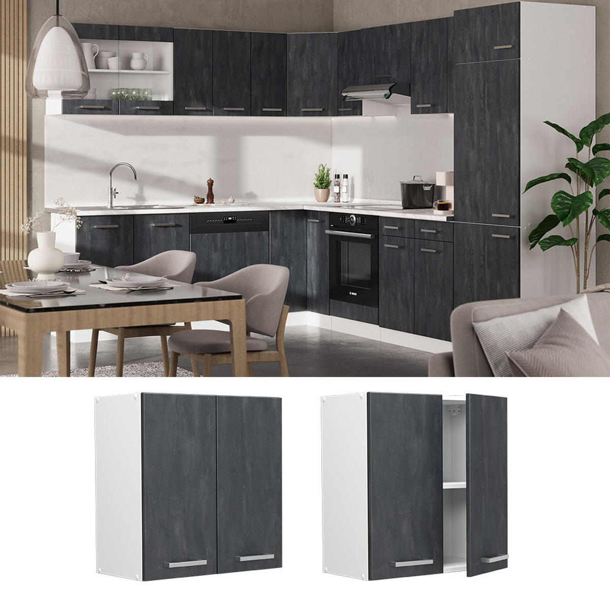 HÄNGESCHRANK R-Line Schwarz Beton 60 cm - Schwarz/Weiß, Holzwerkstoff (60/60/31cm) - Vicco