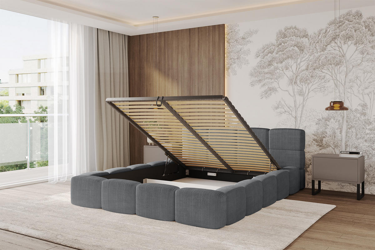 POLSTERBETT mit Bettkasten und Lattenrost, Bett mit Matratze H3/H4, Kopfteil, Boxbett, Doppelbett mit Stauraum - NATA-v1 200x200 Dunkelgrau - Chromfarben, Holzwerkstoff/Textil (200/200cm) - ALTDECOR