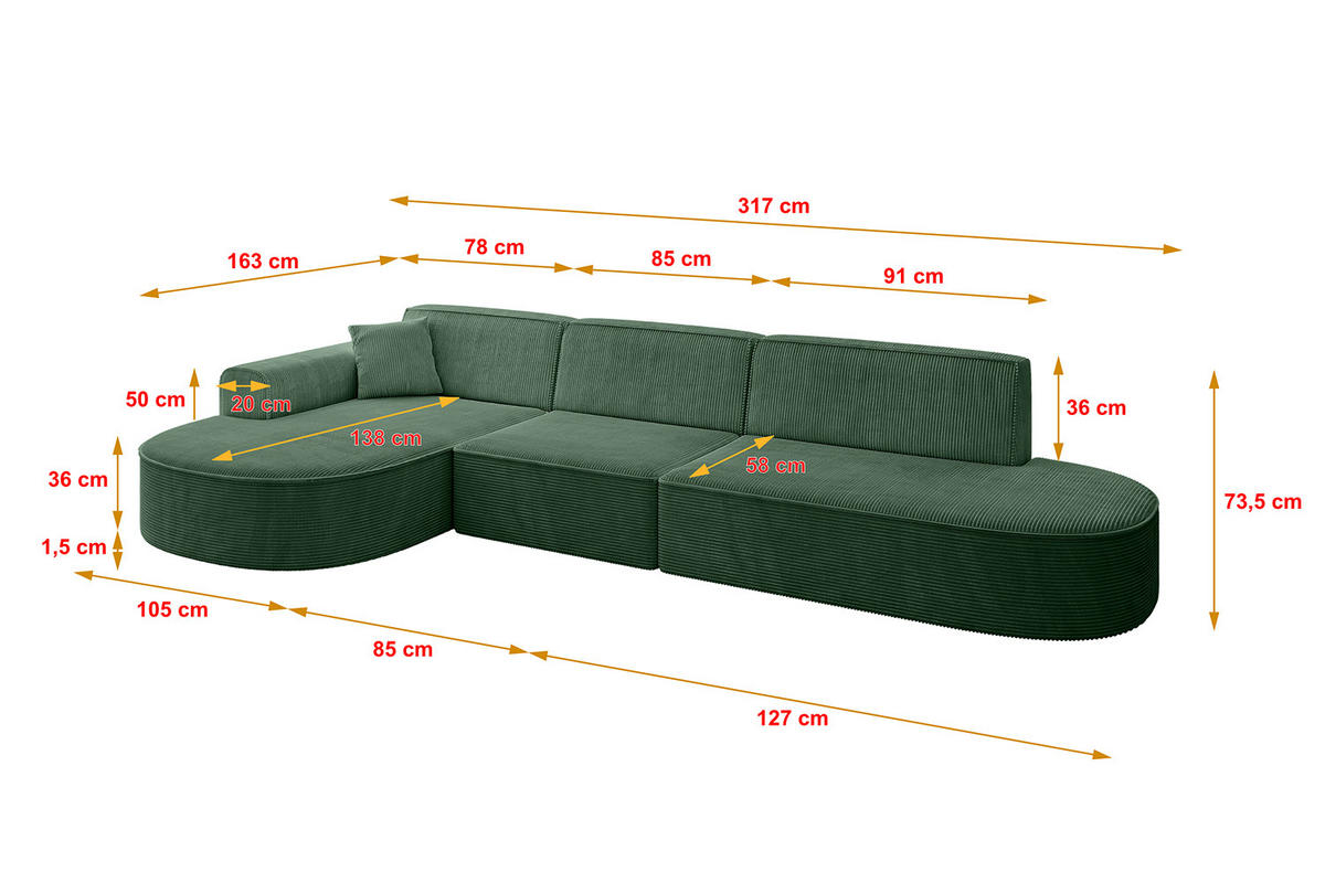 ECKSOFA Ottomane Links MARI-L2 - 317x163x73,5 cm Grün Cord - Schwarz/Grün, Holzwerkstoff/Kunststoff (165/321cm) - ALTDECOR