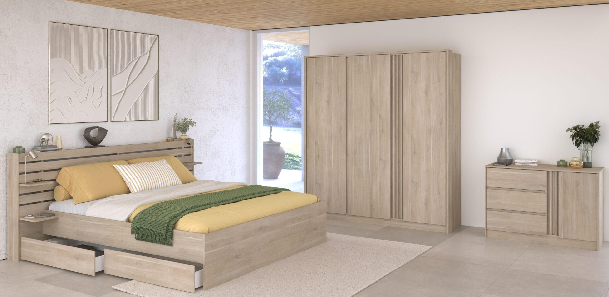 SCHLAFZIMMER Escale 21 in Japanische Eiche 5 teilig - mit 140er Doppelbett, zwei Bettschubkästen, Kleiderschrank, Kommode - Braun, Holzwerkstoff (80/200/120cm)