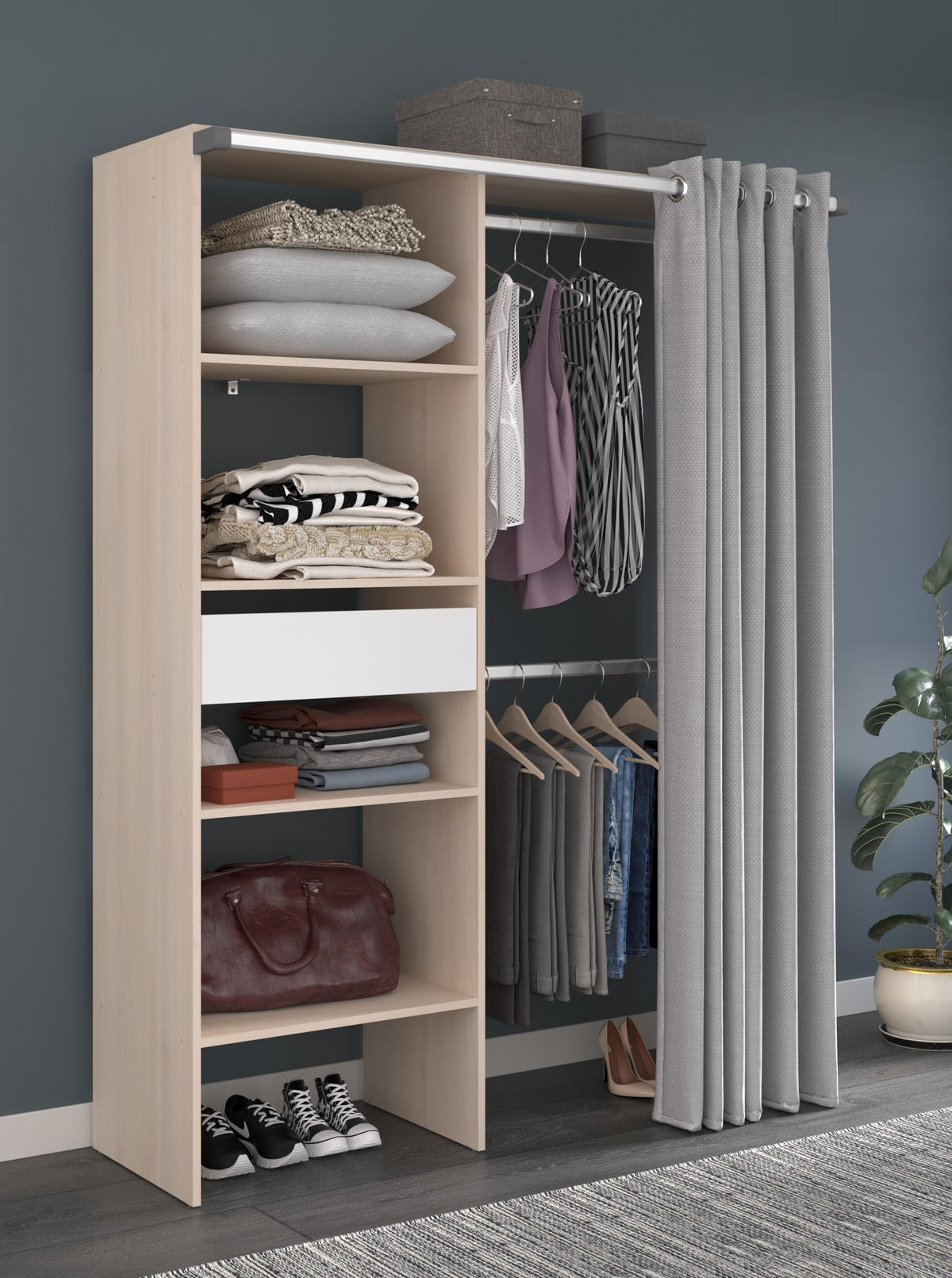 KLEIDERSCHRANK Bari 2 in Akazie 143 × 182 × 48 cm (B×H×T) von Parisot mit grauem Vorhang - Braun, Holzwerkstoff (143/182/48cm)