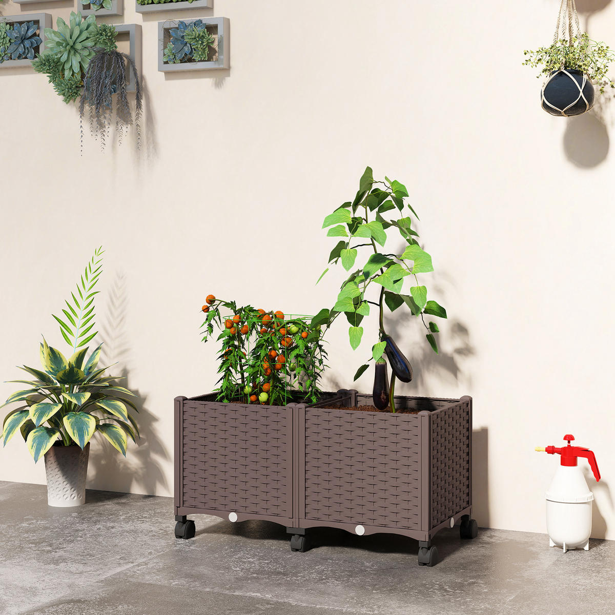 HOCHBEET Kunststoff, Pflanzbeet mit Selbstbewässerungssystem Rolle, Frühbeet - Braun, Kunststoff (40/43/80cm) - Outsunny