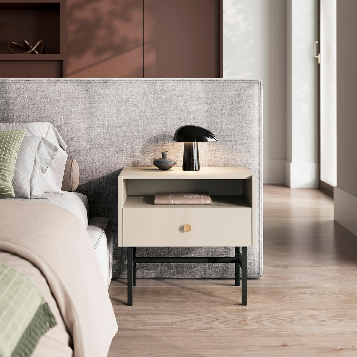 NACHTTISCH Dalia mit 1 Schublade und Metallbeinen, 55 cm, Kaschmir - Kaschmir/Schwarz, Holzwerkstoff/Metall (55/52/39cm) - Beautysofa