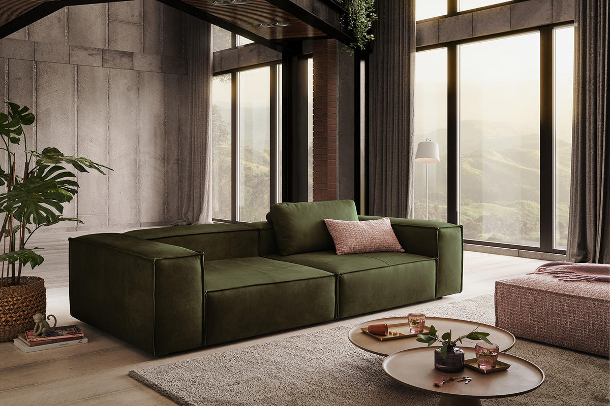 SOFA CARMO Grün Leder - Schwarz/Olivgrün, Leder/Kunststoff (266/68/118cm) - KAWOLA