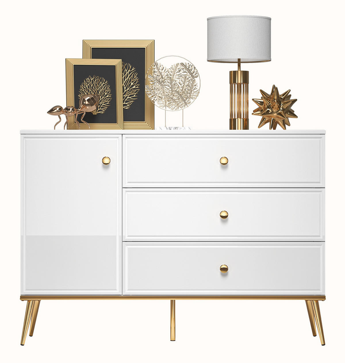SIDEBOARD Darrby Weiß Matt / Hochglanz 120 cm - Goldfarben/Weiß, Holzwerkstoff/Metall (120/84.4/40cm) - Selsey
