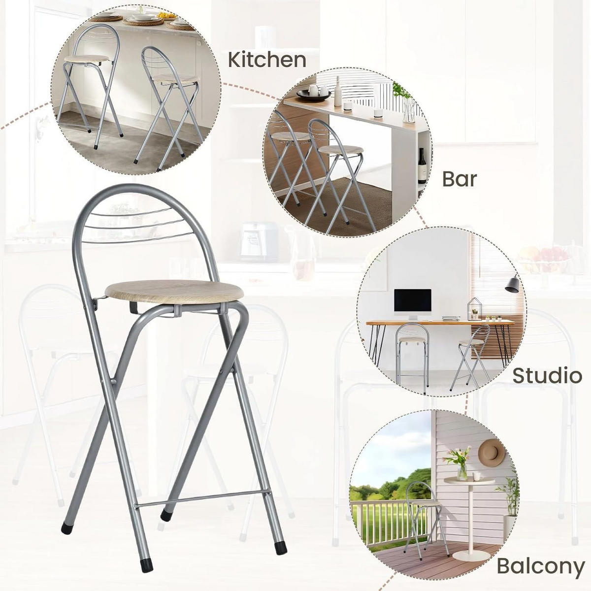 BARHOCKER 6er-Set Holzmaserung und Silber Sitzhöhe 61 cm - Multicolor, Metall (36/79/41cm)