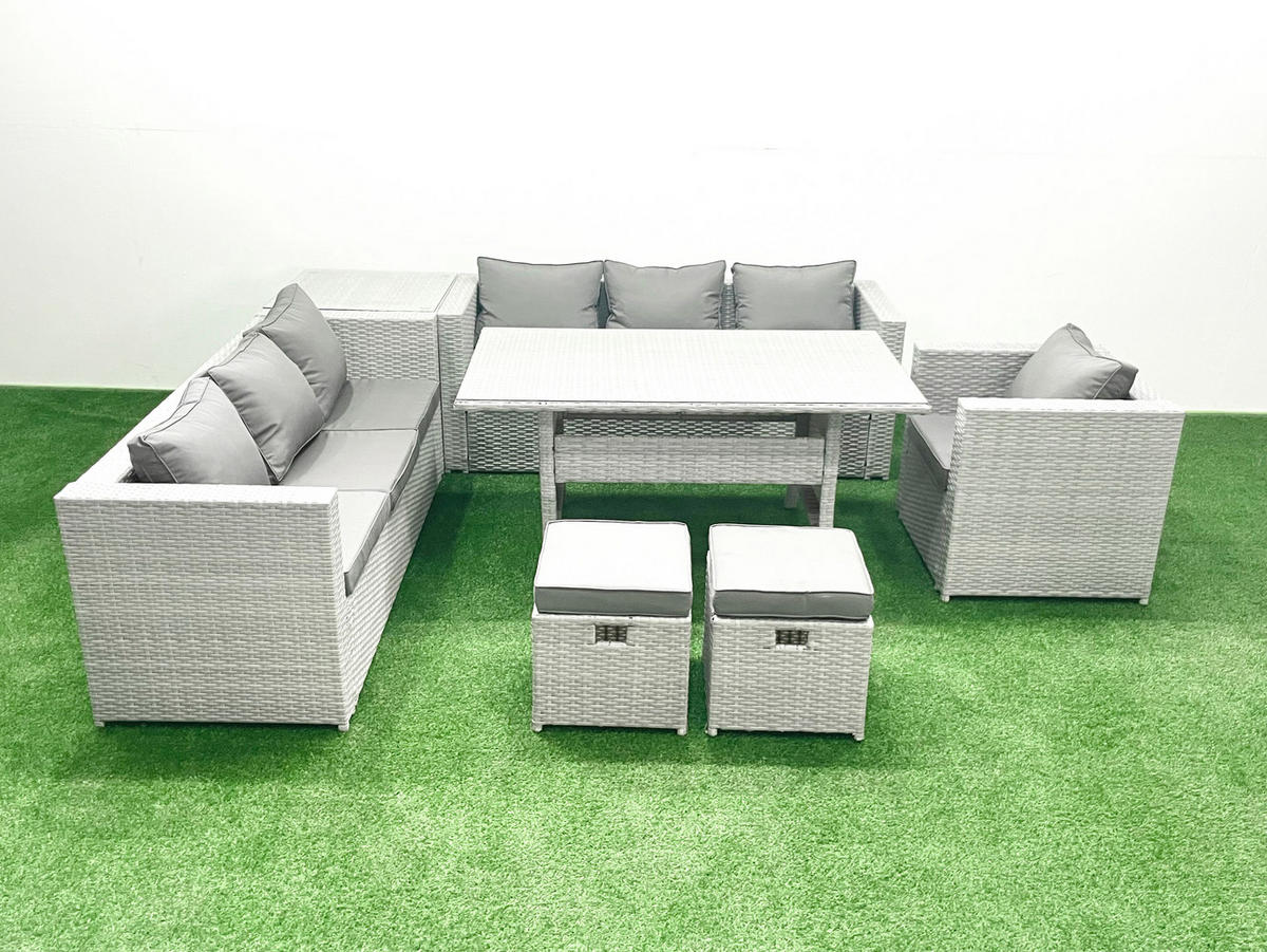 GARTENMÖBEL SET mit 3-Sitzer-Sofa und Sessel, Esstisch,2 Hockern,Beistelltisch Polyrattan Hellgrau 9-Sitzer - Hellgrau/Grau, Glas/Kunststoff - Fimous