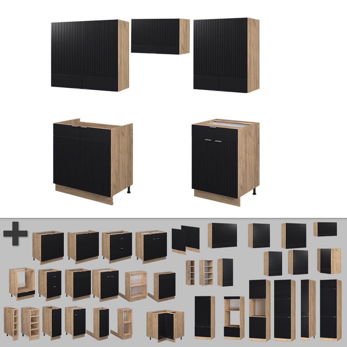 KÜCHENZEILE Fame-Line, Schwarz gestreift/Goldkraft Eiche, 200 cm ohne Arbeitsplatte - Honigeiche/Schwarz, Holzwerkstoff (200/81.6/46cm) - Vicco