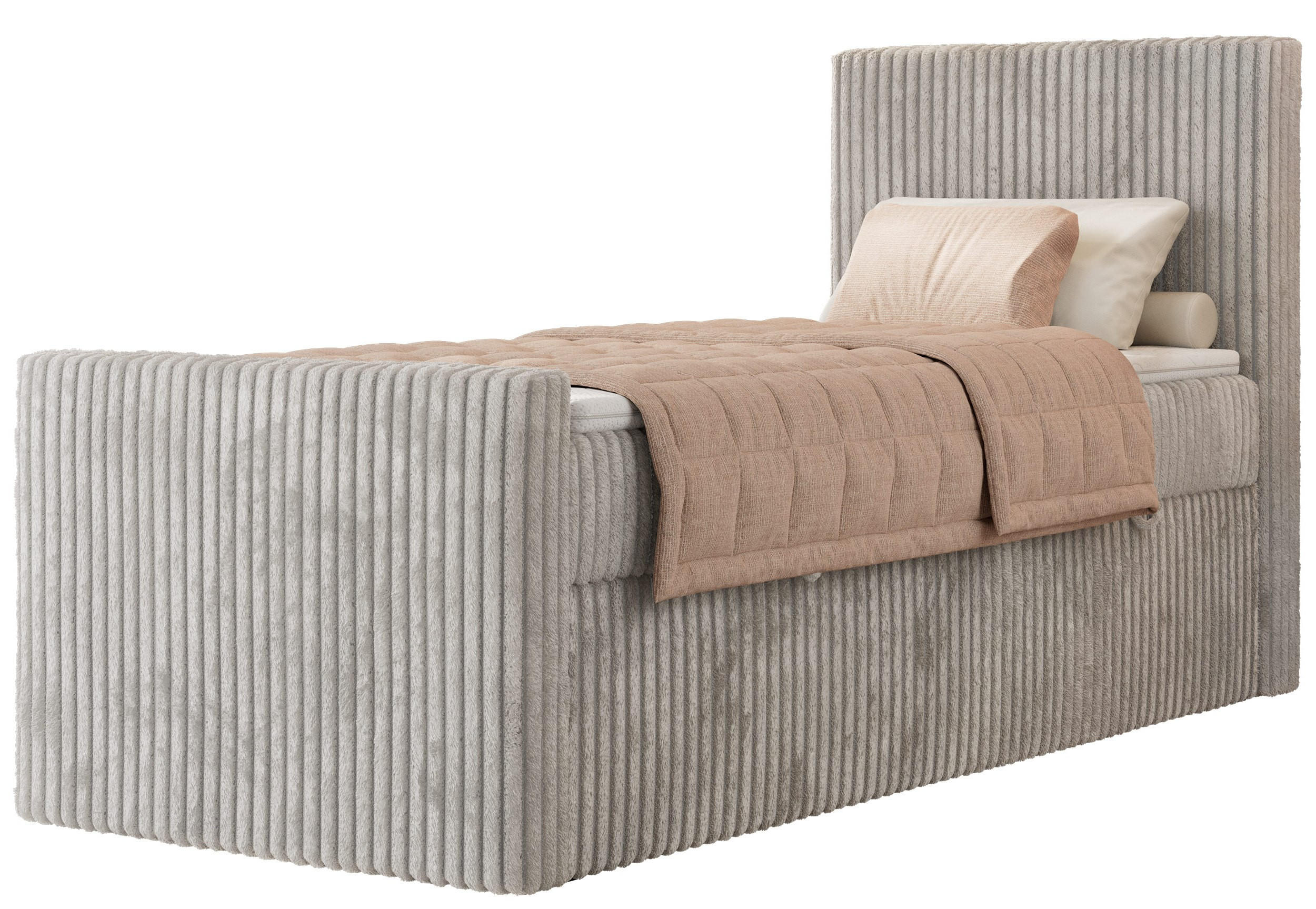 BOXBETT TILIANO DUO 90/200 - Hellgrau Cord - H3 - Topper Visco - Rechts Seite - Hellgrau, Textil (90/200cm) - MKS