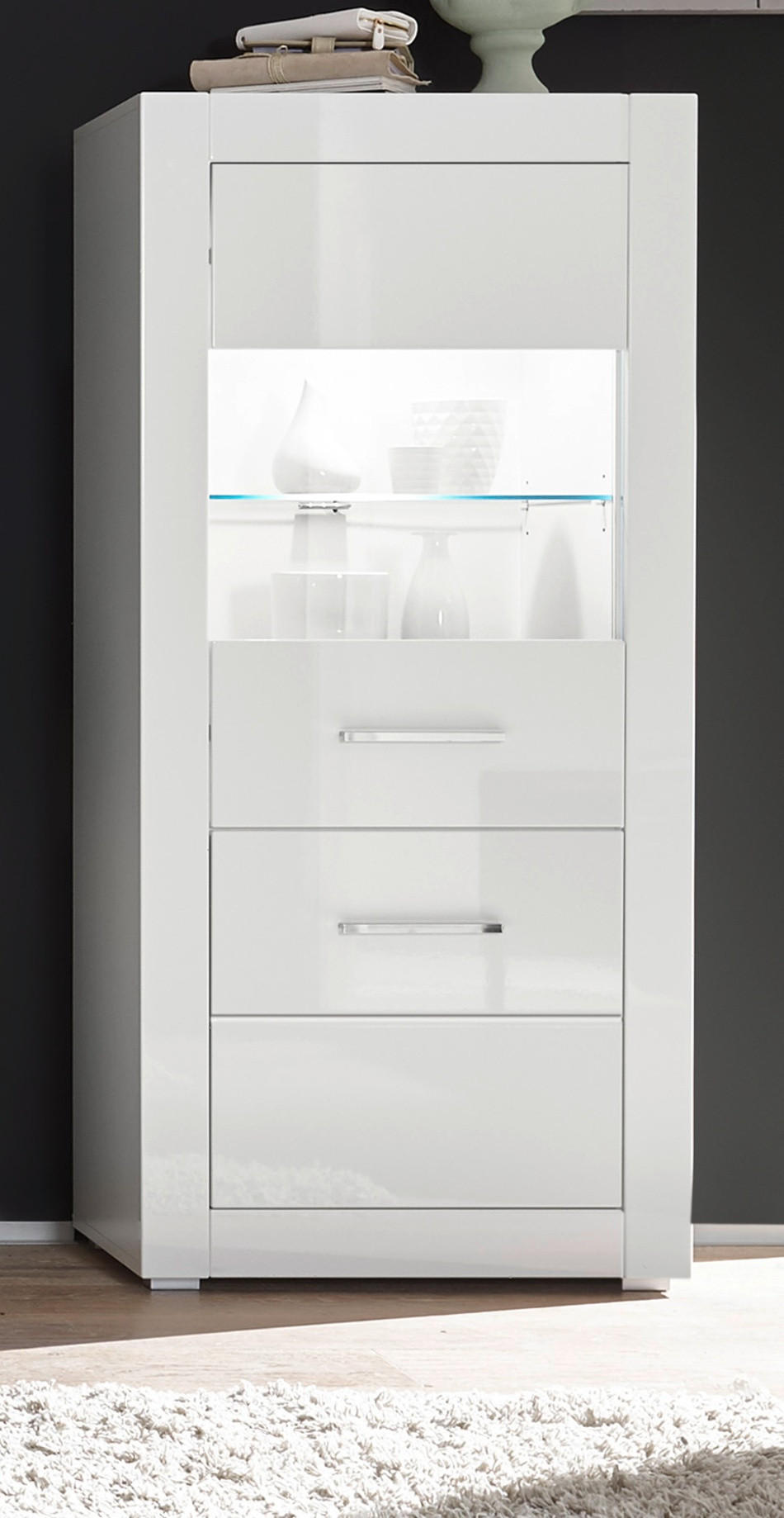 VITRINE weiß Hochglanz 65 cm, Vitrinenschrank wechselbarer Türanschlag - Weiß Hochglanz/Silberfarben, Glas/Holzwerkstoff (65/142/35cm) - Furn.Design