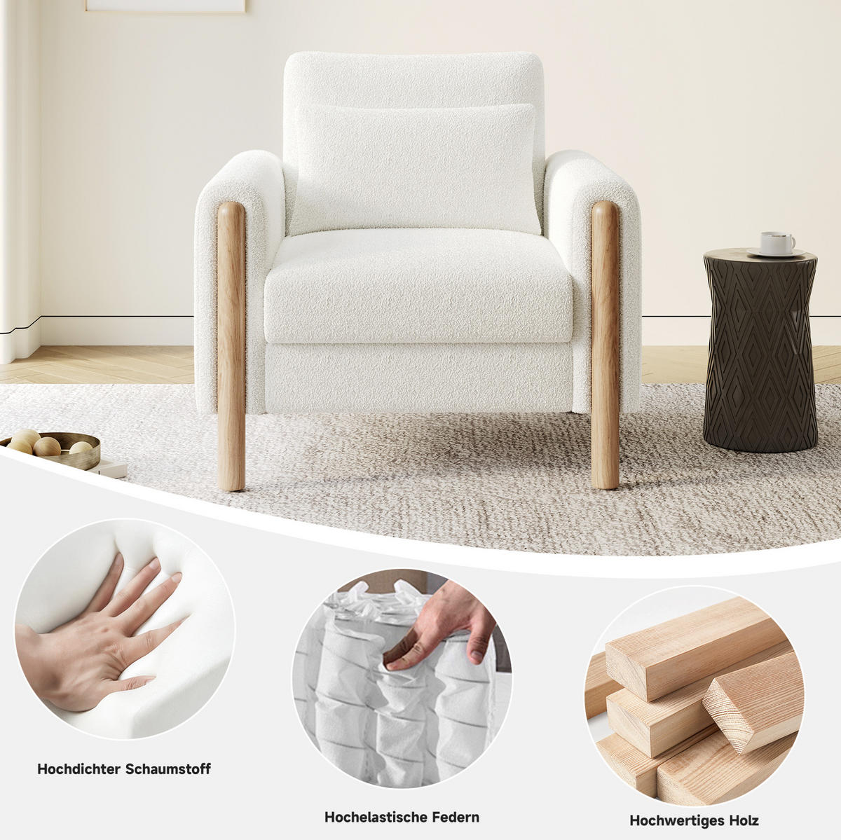 LOUNGESESSEL Teddy-Samt mit dickem Sitzkissen 87/83/88,5 cm Weiß - Weiß, Textil (83/88.5/87cm) - Redom